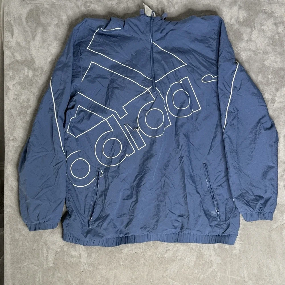 Adidas Quarter Zip Hoodie Mens XL Retro Style Blue Solid‎ Hooded Windbreaker